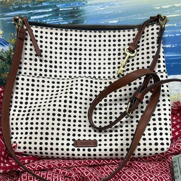 Fossil Bags Fossil Black White Polka Dot Tote Crossbody Bag